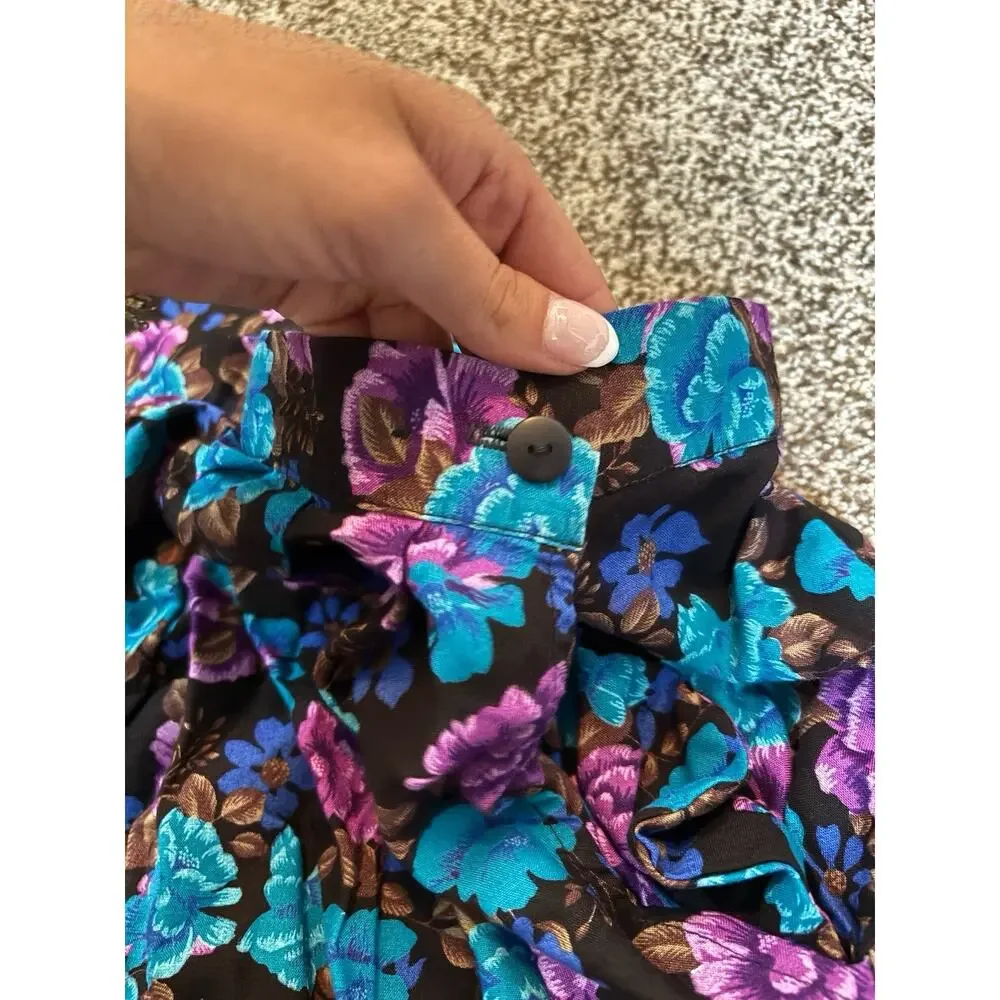 Vintage Dark Floral Midi Skirt M Black Purple Witchy Cottagecore 90s Soft Goth